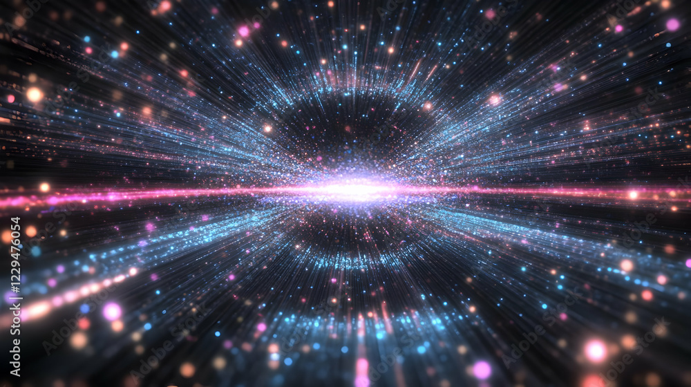 Poster abstract background with glowing particles radiating outward from a central point dynamically