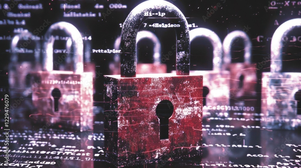 Aufkleber digital locks illuminated in a cyber-themed environment, symbolizing security and data protection