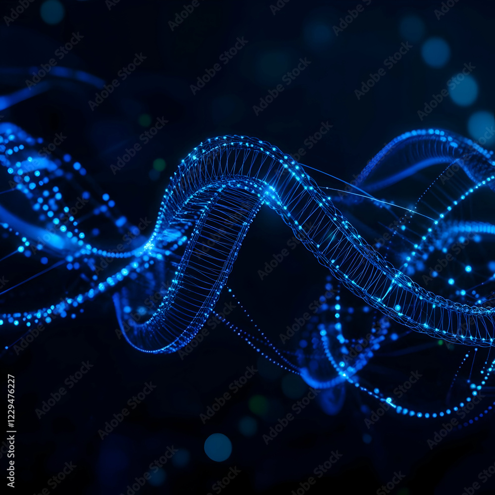 Poster abstract blue wavy lines flowing smoothly on a dark background with bokeh effects