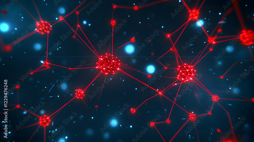 Poster abstract red network connects nodes in a digital space with futuristic technology