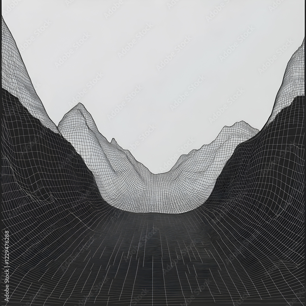 Poster abstract 3d wireframe landscape forms a valley with grid pattern and white background