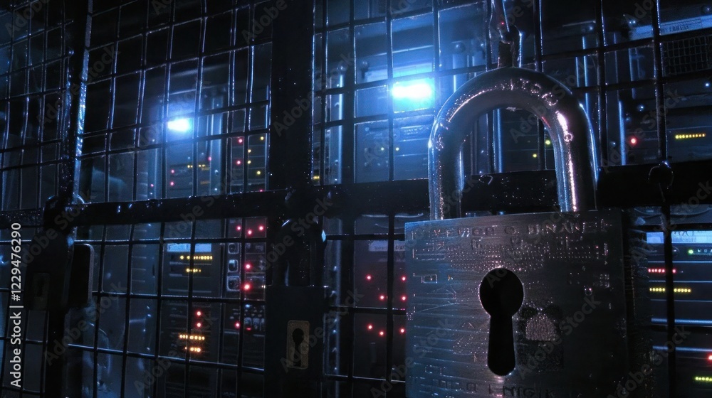 Aufkleber secure server room with locked gate and illuminated equipment in the background