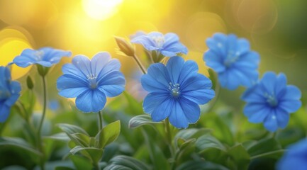 Naklejka premium Vibrant Ceratostigma willmottianum Forest Blue flowers with green leaves and a lively bokeh effect in sunlight, AI generated