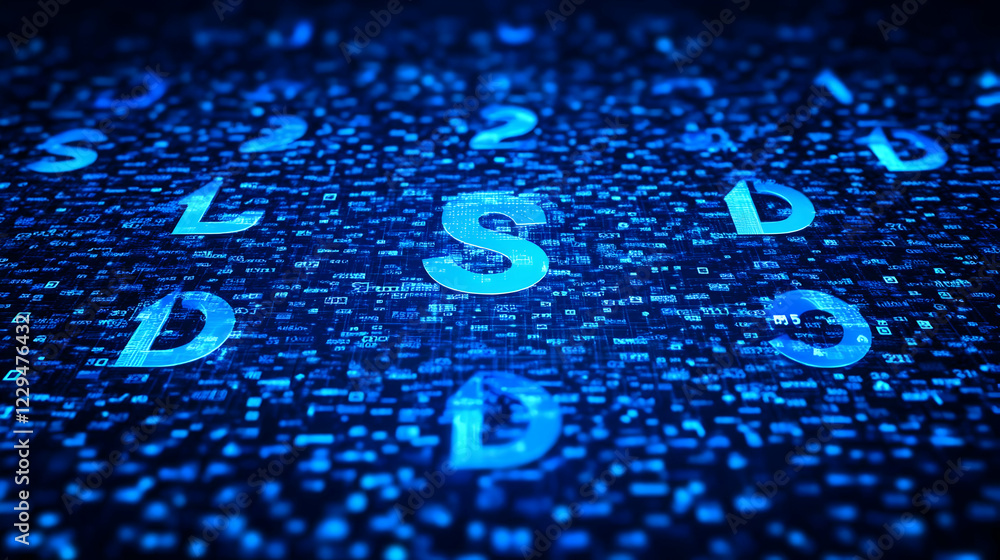 Poster blue data stream flows with glowing numbers and letters across a dark digital background
