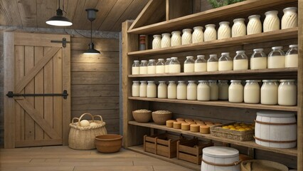 Farmhouse pantry with sheep milk products, , natural cheese, artisanal cheese, homemade cheese, traditional cooking