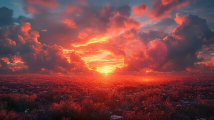 Fototapeta premium Fiery Sunset Landscape with HeartShaped Cloudscape Dramatic Sky and Reddish Field