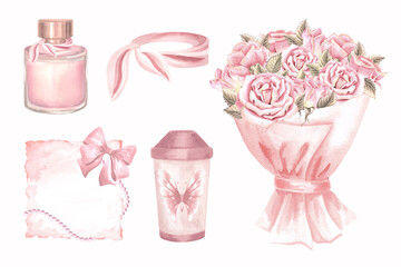 Bouquet of roseswith perfume and scarf. Paper cup and love note with bow. Set of pink women's accessories for beauty . Hand drawn watercolor illustration isolated. Clipart for girly design, Valentine.