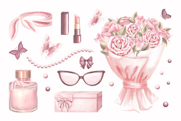 Flowers bouquet, perfume with sunglasses and lipstick. Gift box and pearl beads. Set of women's beauty accessories with butterflies. Hand drawn watercolor illustration isolated. Clipart for design.