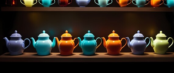 An array of colorful teapots and cups neatly lined up on delicate shelves
