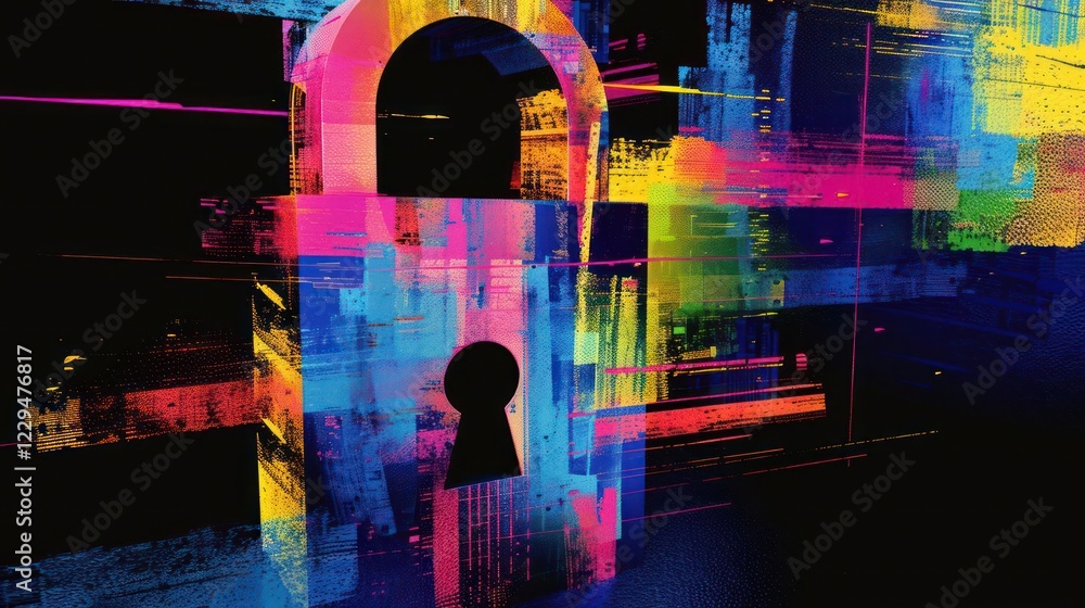Poster colorful abstract digital representation of a padlock symbolizing security and privacy in technology