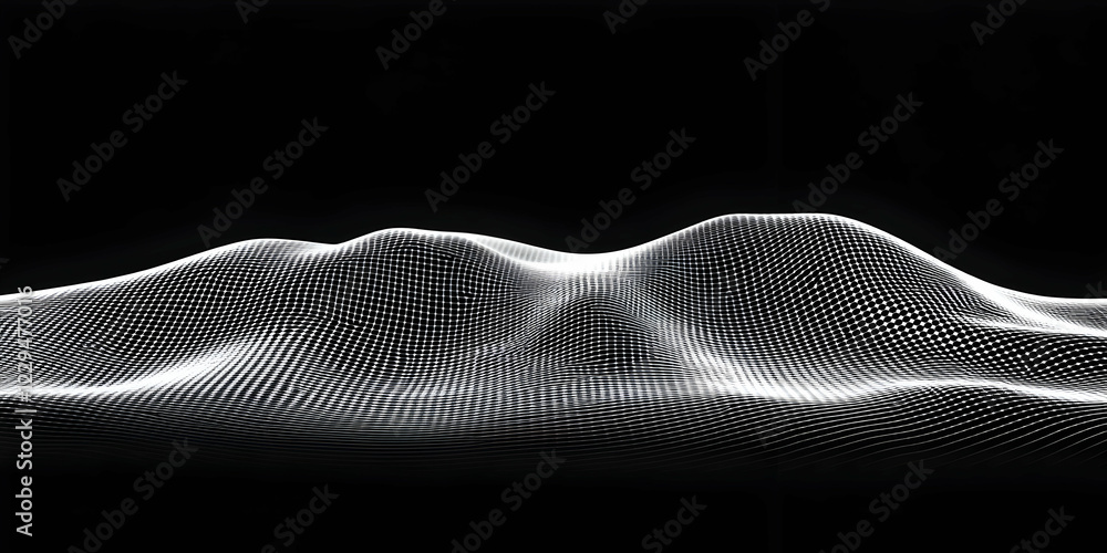 Poster abstract 3d wireframe landscape forms undulating surface on a dark background, illustrating digital 
