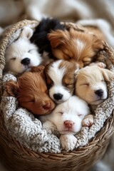 a cute postcard featuring a group of fluffy puppies snuggled together, peacefully sleeping in a cozy basket. 