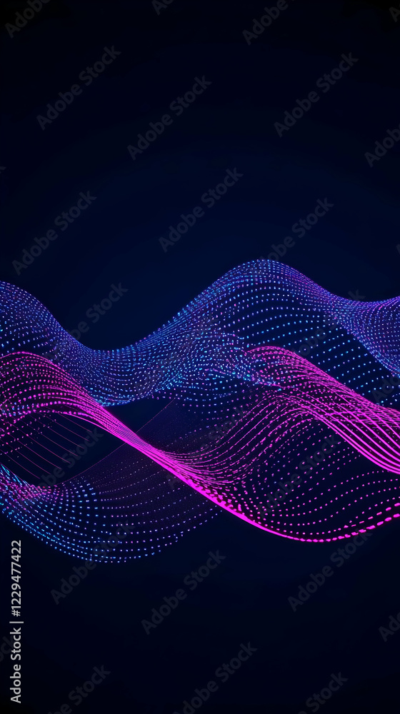 Poster abstract background with glowing neon particles forms waves dynamically in dark space.