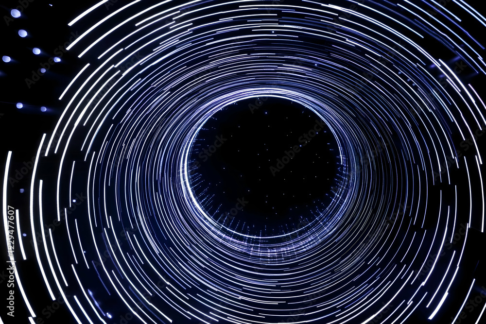 Poster abstract circular light trails converge dynamically in a dark space, creating a visual vortex.
