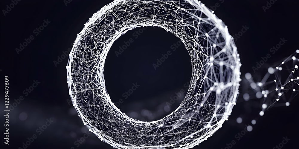 Poster abstract 3d wireframe torus creates a futuristic technological design with glowing lines and nodes o