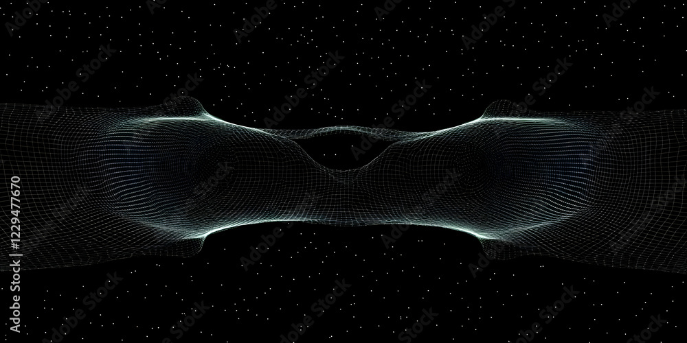 Poster 3d wireframe mesh forms a symmetrical shape against a starry black background