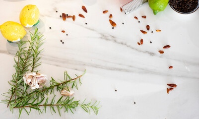 mockup marble table with a lemon and rosemary iberian style