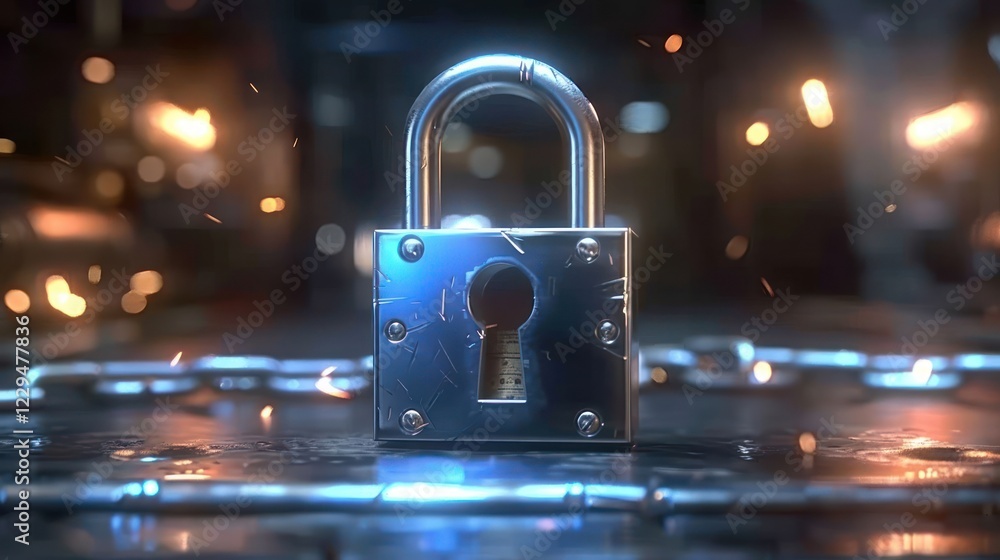 Poster a gleaming padlock sits on a metallic surface, surrounded by sparks in a dimly lit workshop