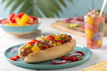 A flavorful hot dog topped with saut&eacute;ed bell peppers and onions, adding a vibrant and savory twist.