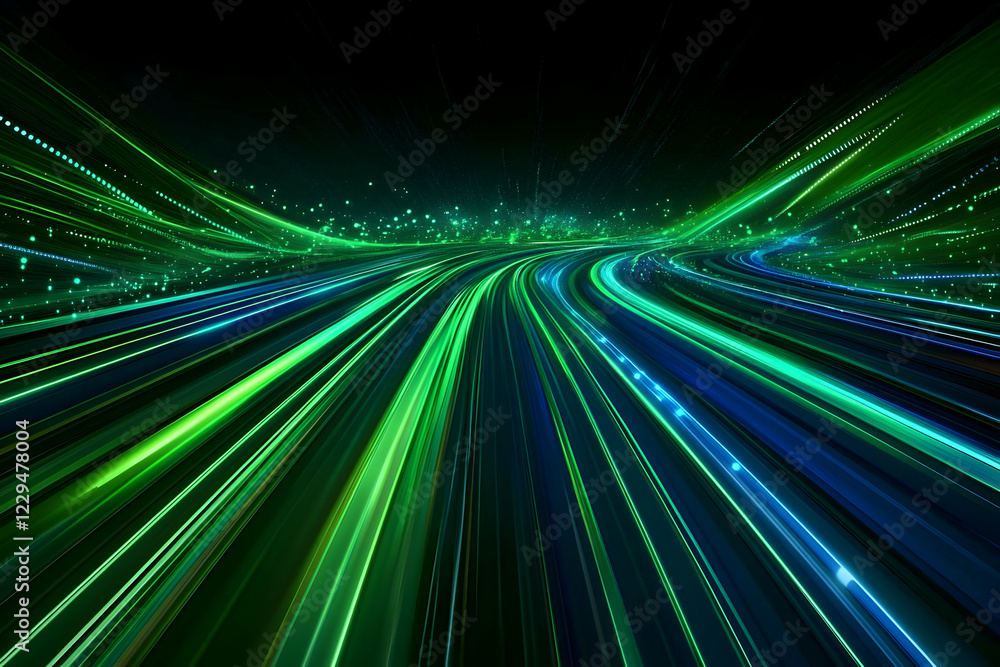 Poster abstract green and blue light streaks curve across a dark background with sparkling particles.