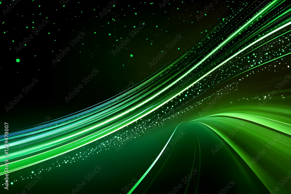 Poster abstract green light trails flowing smoothly across a dark background with sparkling particles