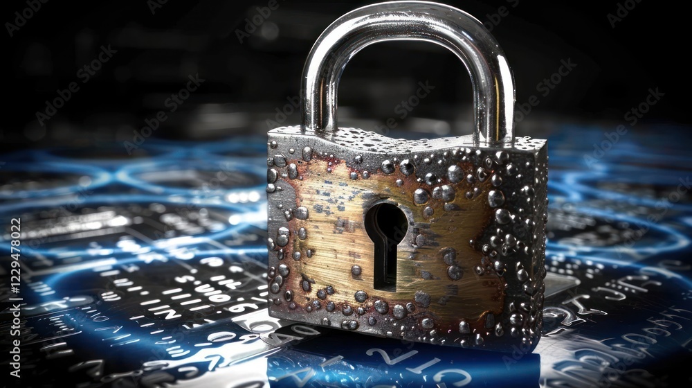 Poster close-up of a water droplets-covered padlock on a digital background representing security and techn