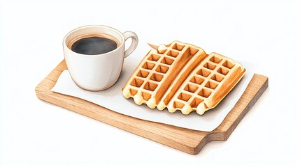 Classic waffle paired with a cup of coffee, cozy breakfast theme, clip art watercolor illustration isolated on white background