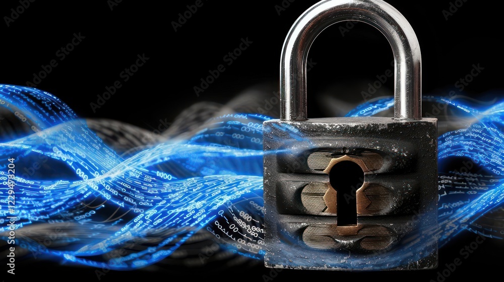 Aufkleber a metallic padlock surrounded by flowing digital data streams, symbolizing security and encryption