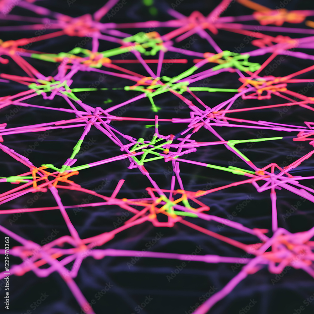 Poster abstract 3d render of interconnected lines forming a network structure with vibrant colors.