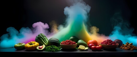 An artistic display of fresh organic food celebrating colors in an elegant presentation