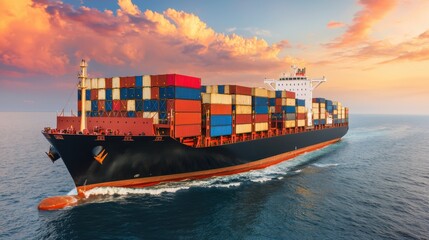 Fototapeta premium A vibrant cargo ship sailing across the ocean, loaded with stacked containers under a colorful sunset sky.