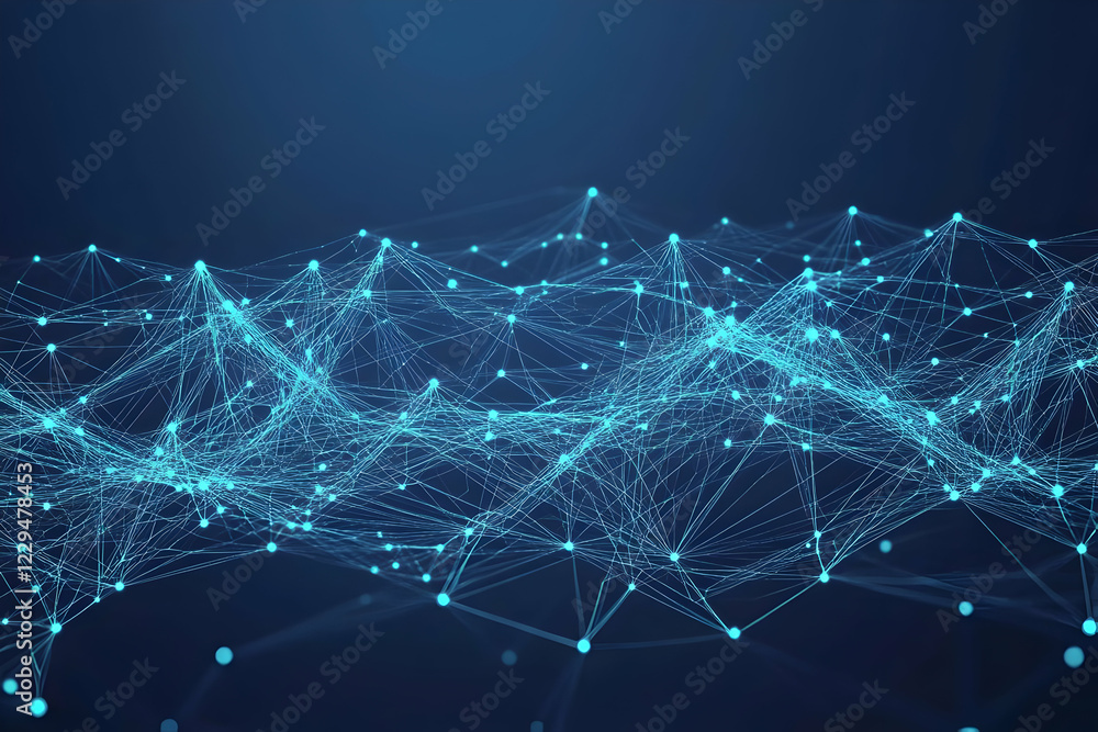 Poster abstract 3d render of glowing connected nodes and lines forms a dynamic network structure.