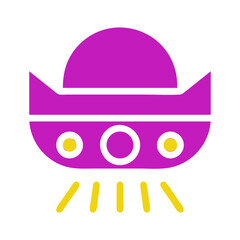 UFO icon with purple and yellow, flying object shape