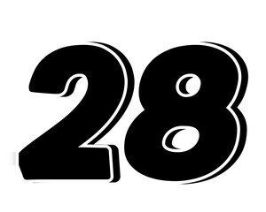 Stylized black number 28 on transparent background, with a bold, 3D appearance and shadow effects for added depth and dimension.