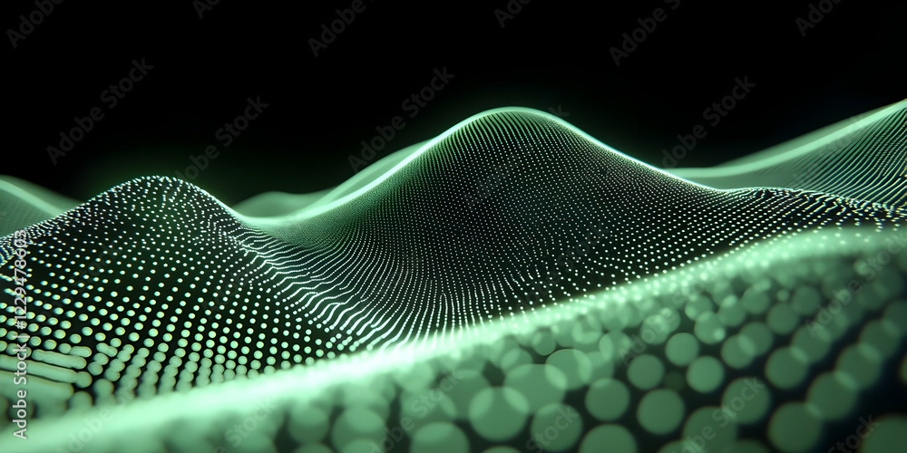 Poster abstract green particle wave flows smoothly on a dark background.