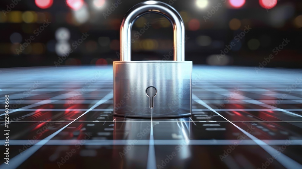 Poster metallic padlock standing on a grid surface with a blurred colorful background, symbolizing security