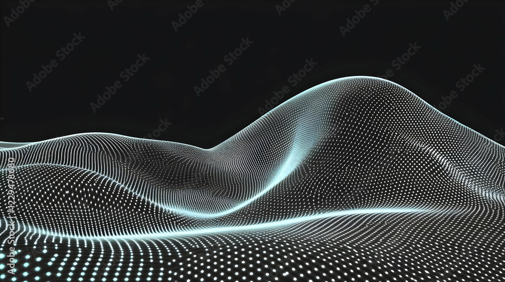 Poster abstract 3d landscape forms a digital wave with glowing dots on a dark background.