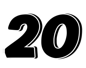 Stylized black number 20 on transparent background, with a bold, 3D appearance and shadow effects for added depth and dimension.