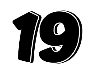 Stylized black number 19 on transparent background, with a bold, 3D appearance and shadow effects for added depth and dimension.