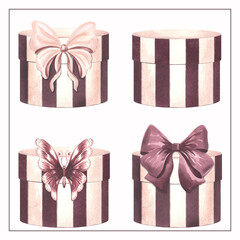 Gift boxes with bows. Set of cardboard cylinder continers striped. Hand drawn watercolor illustration isolated. Package for retail or festive surprise. Clipart for beauty girly design, card, Valentine