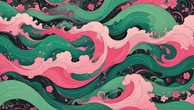 Fondo verde y rosa arremolinado abstracto con formas y patrones fluidos