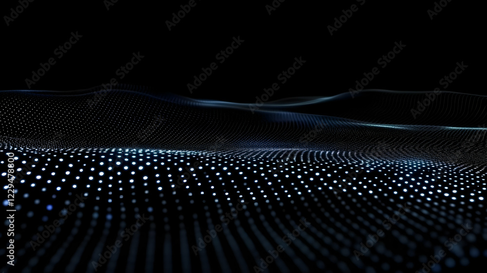 Poster abstract 3d background forms glowing wave with dots on dark surface gently