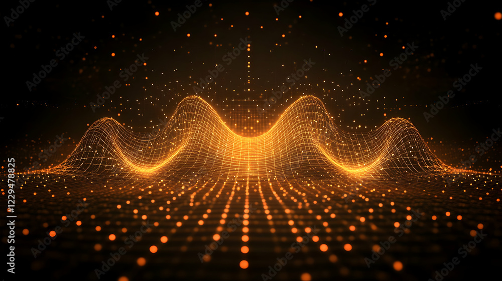 Poster abstract 3d golden grid waves flowing seamlessly across a dark background with glowing particles