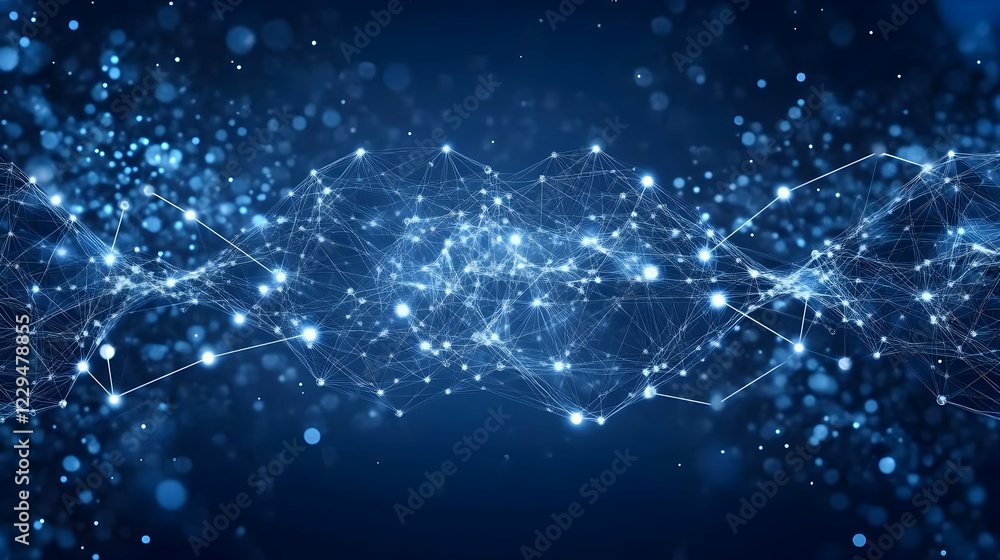 Poster Abstract Network Connects Data Points Seamlessly Across a Blue Background with Soft Bokeh Effect