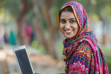 A Young Indian Woman Grinning with Excitement While Engaged in E-commerce Sales Negotiations on her Laptop