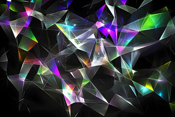 Obraz premium Abstract Colorful Crystal Triangles Shimmer on a Dark Background, Creating an Intriguing Visual.