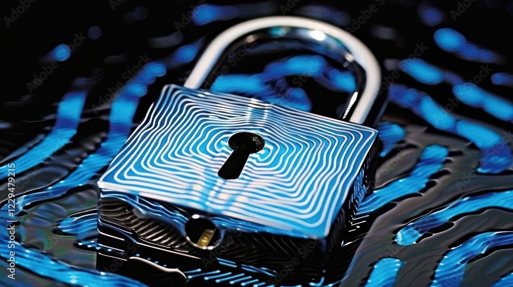 Poster close-up of a shiny padlock resting on a vibrant blue surface with rippling patterns