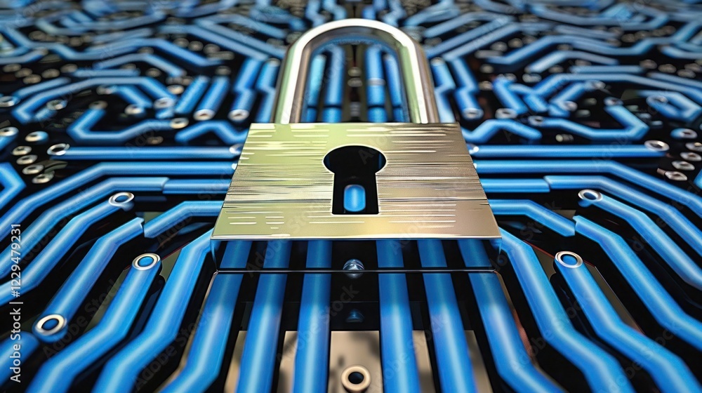 Poster close-up of a metallic padlock on a circuit board background, symbolizing cybersecurity and data pro