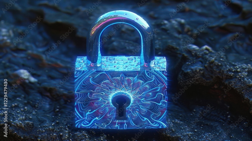 Aufkleber glowing lock resting on textured surface, illuminated by ambient light, suggesting security concepts