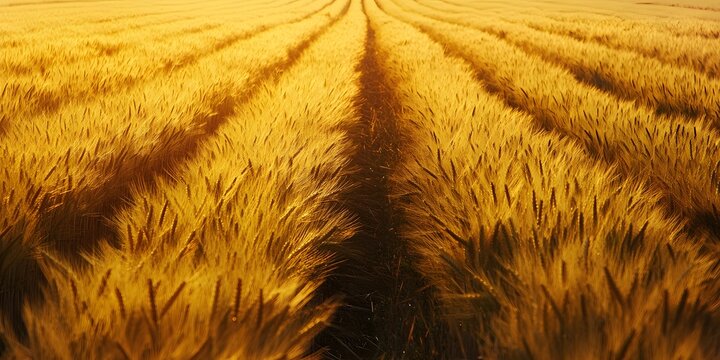 Golden Wheat Field Alongside Parallel Train Tracks in a Rural Landscape at Sunset